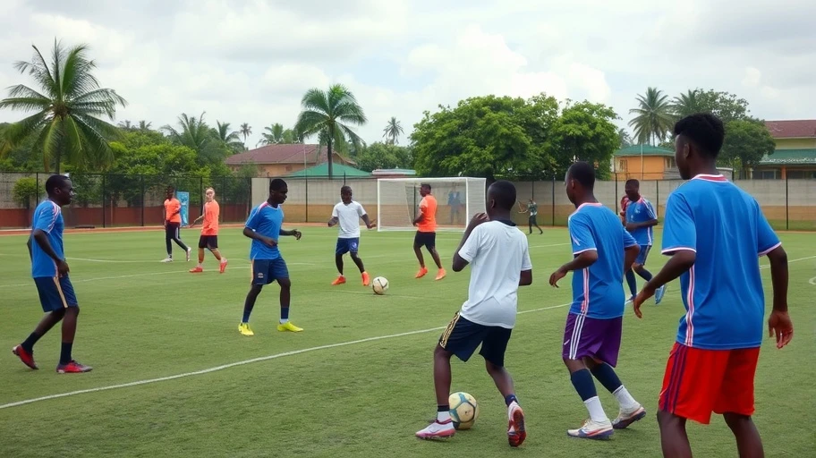 Cầu thủ trẻ Ghana tập luyện trên sân bóng.