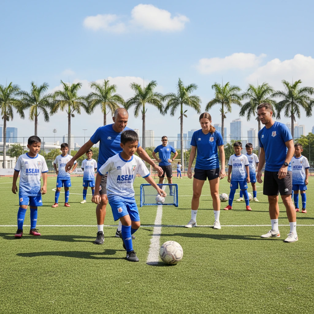 Hình ảnh cầu thủ trẻ Đông Nam Á và ngôi sao bóng đá trong buổi huấn luyện.