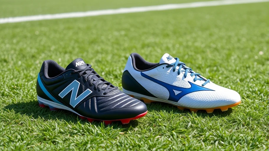 Hình ảnh giày đá bóng New Balance và Mizuno trên sân cỏ nhân tạo