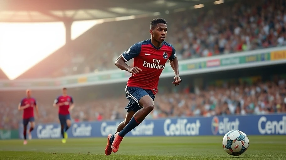 Hình ảnh Kylian Mbappé chạy nhanh trên sân, cầu thủ trẻ tài năng
