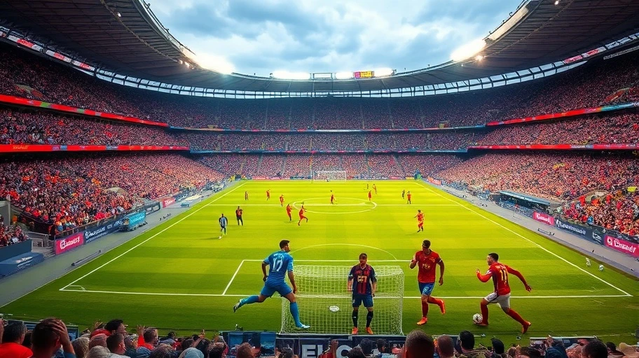 Hình ảnh sân vận động La Liga với cầu thủ và cổ động viên.